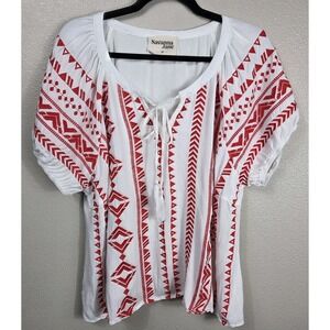 Savanna Jane Embroidered Boho Peasant Top White Red Rayon Tunic‎ Blouse 2X
